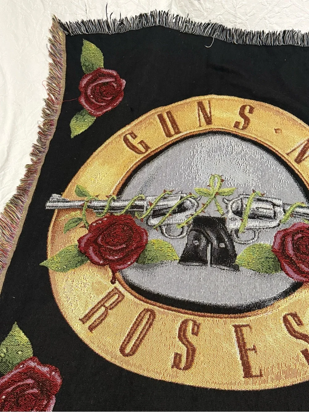 VTG Guns N Roses Woven Tapestry Wall Hanging HTF Rose Rock Decor 55x45 EUC AFD